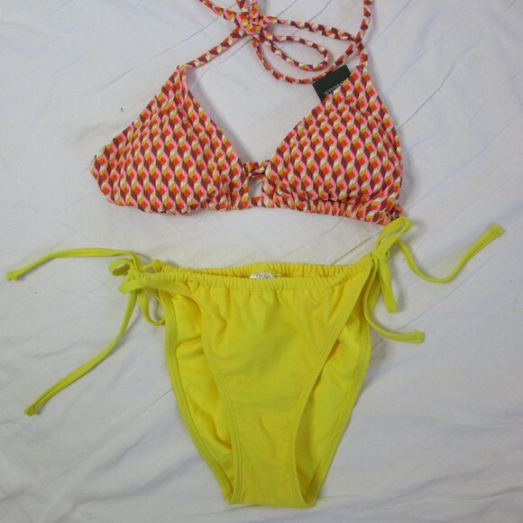 wild fable 2 Piece Bikini Pink White Geometric Yellow Bottoms Small and XS NWT - Picture 1 of 7